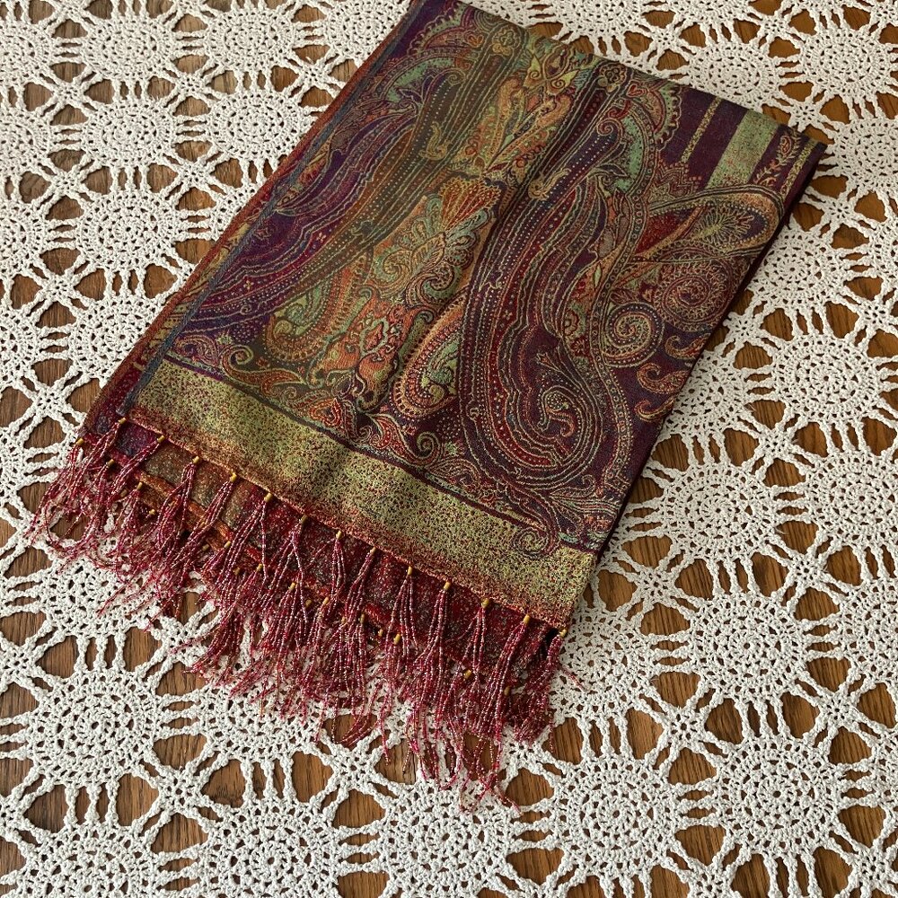 CBK 100% Wool made in India Paisley Print Wrap Shawl Scarf w/Bead Fringe